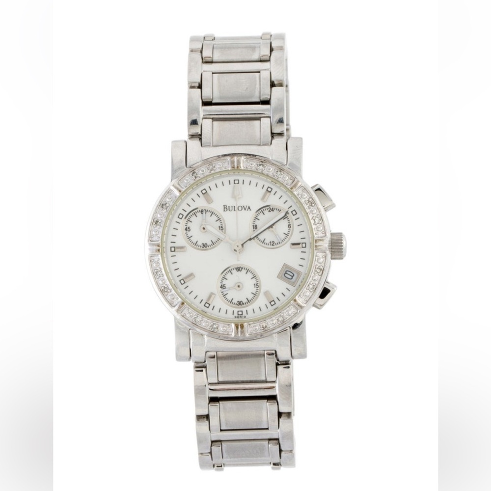 Bulova 96R47 chronograph stainless steel women’s watch with diamond bezel.